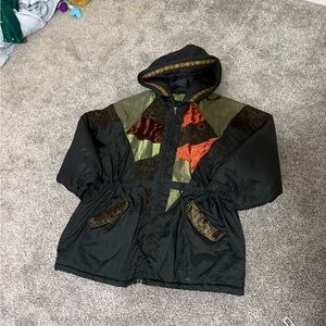 American Vintage Whimsical Witchy Black and Olive Patchwork Puffer Jacket